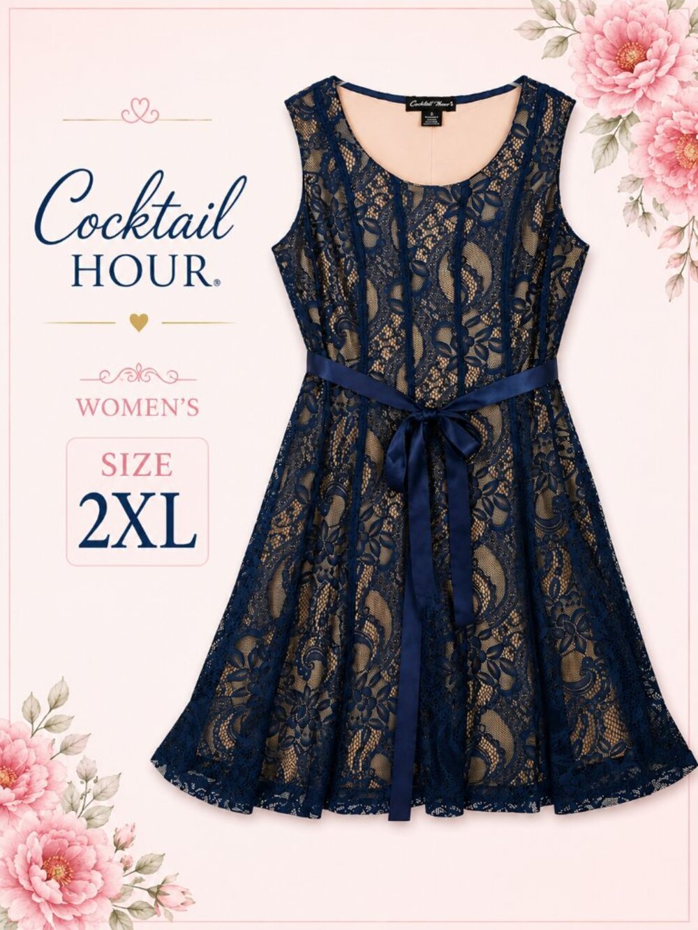 Connected Apparel Women’s Lace Dress 2X Navy Nude A-Line Tie Waist Sleeveless